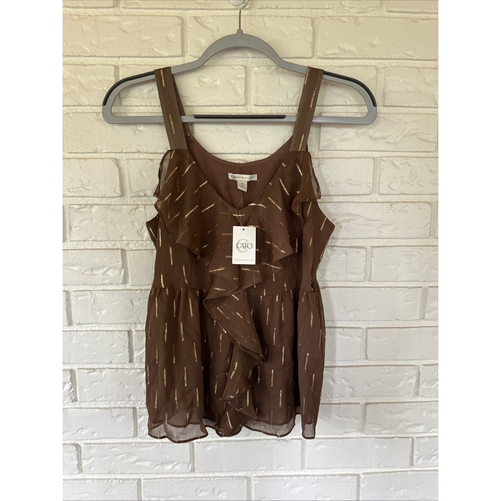 Cato NWT Brown Beige Sparkle Gold Accent Sz XS Fairy Y2K Ruffle Babydoll Top‎